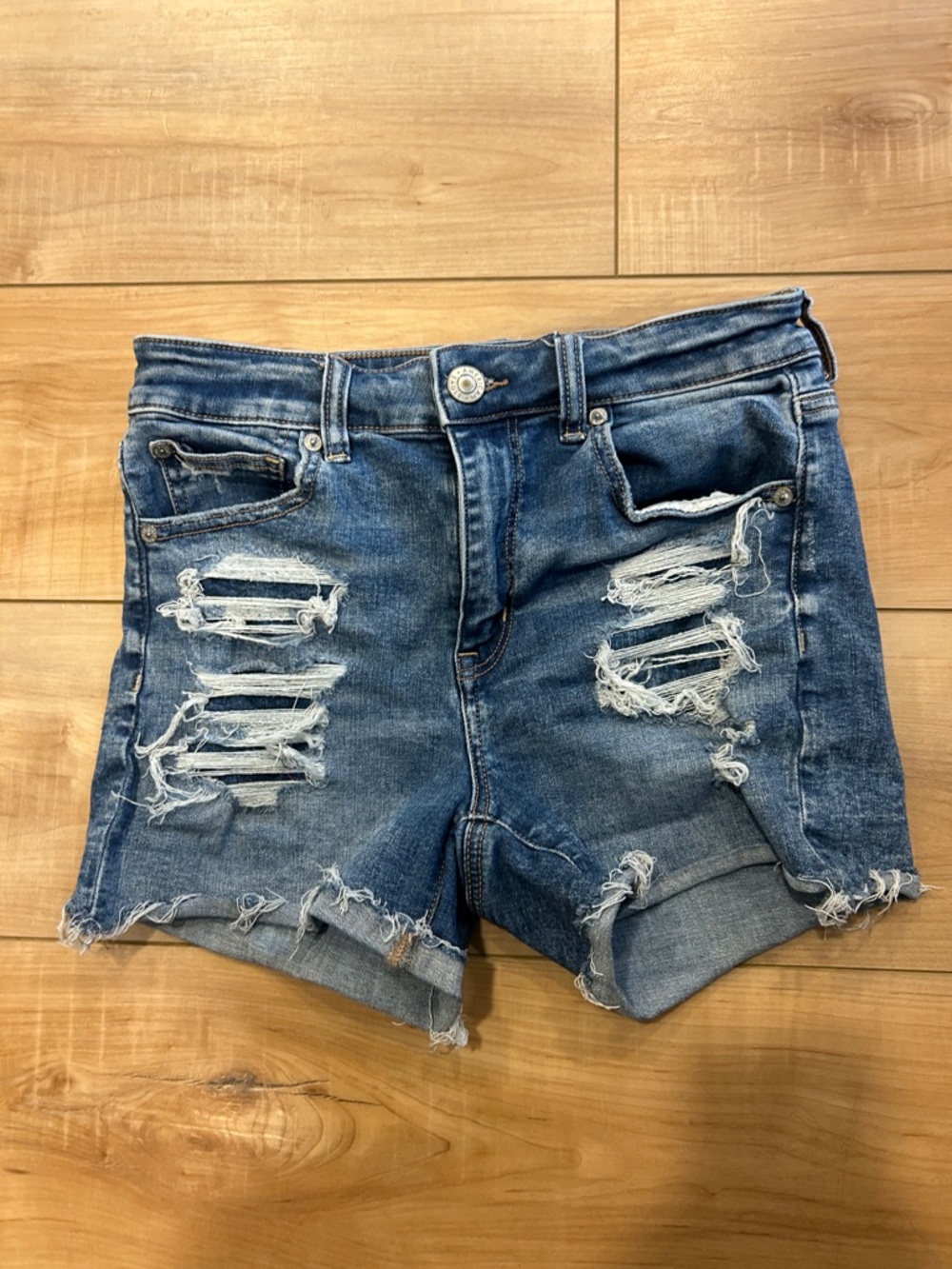 Distressed Blue Denim Women's Shorts - Classic High-Rise Cut